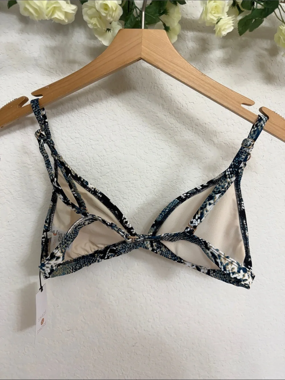 Shade & Shore • Snake Print Triangle Bikini Swim Top in Black, White & Blue
